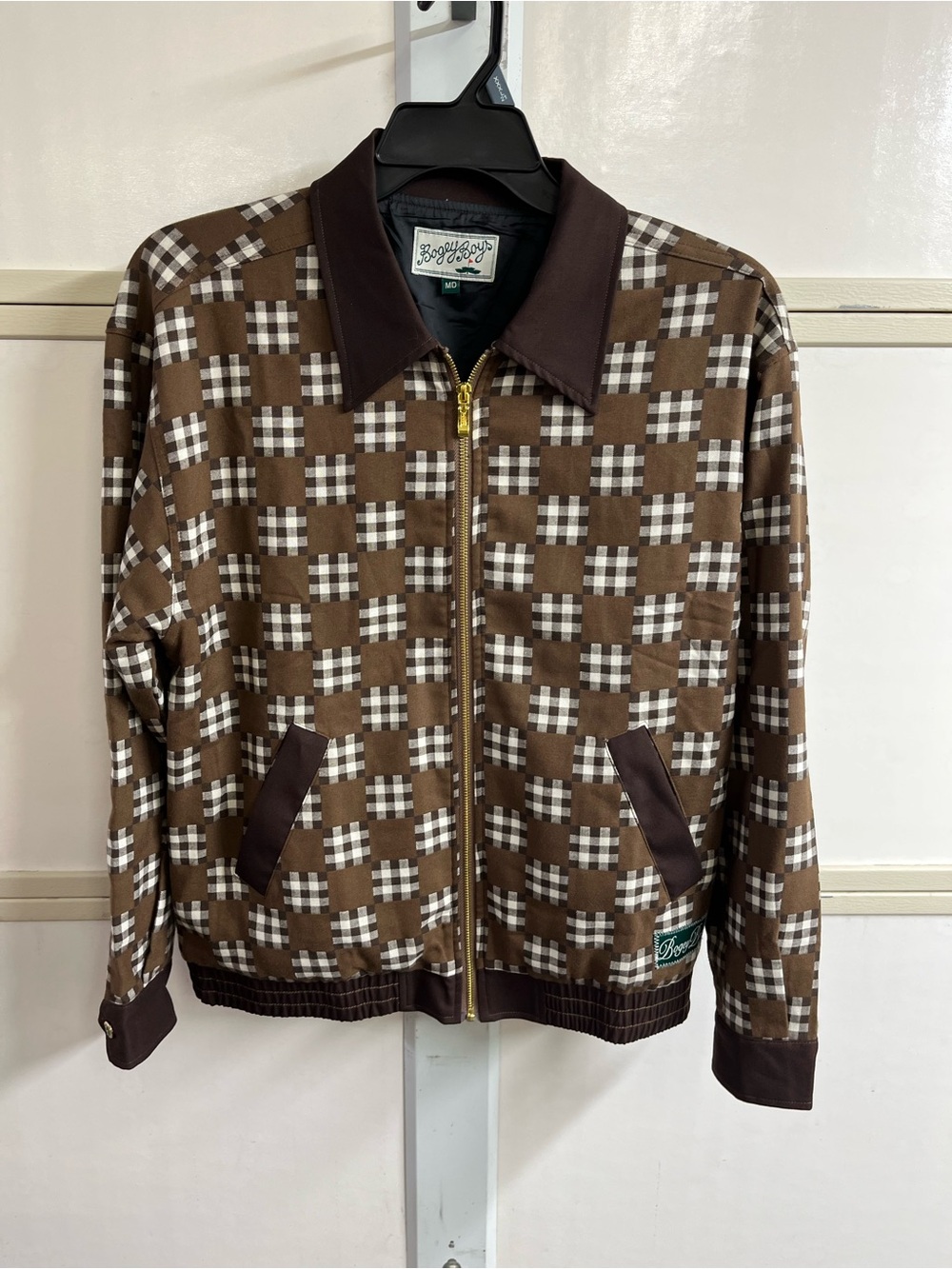 Brown Checked Zip-Front Bomber Jacket